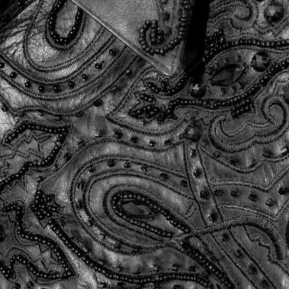 15.	Western-style dressy black silk and beaded real leather appliqued shirt - Picture 4 of 5
